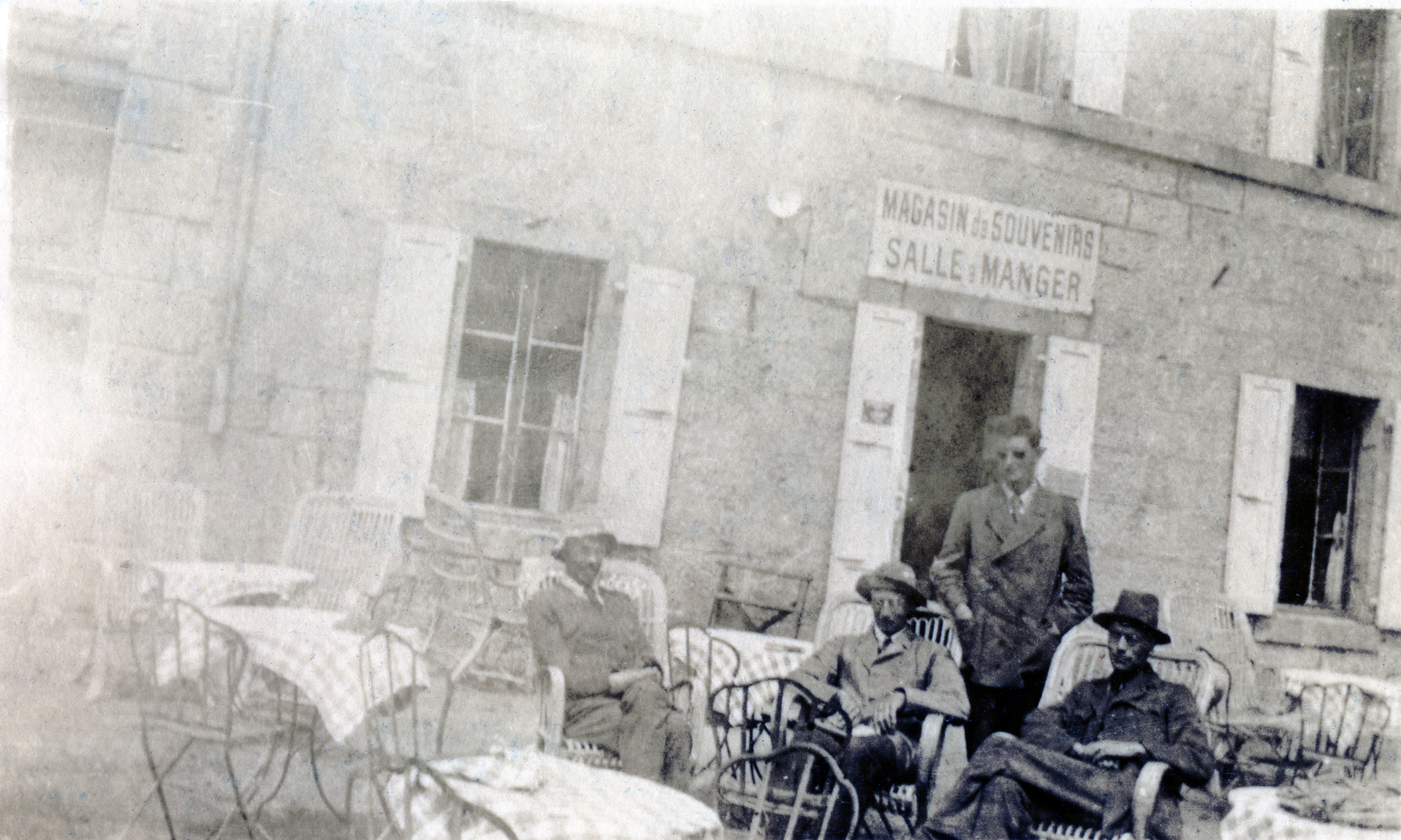 Arthur Cecil Pigou, Harold Edward Lionel Porter, George Herbert Leigh-Mallory and Claude Aurelius Elliott outside the Montenvers hotel before their ascent of Mont Blanc, taken by William Walter McLean, August 1919, Alpine Club Photo Library, London
